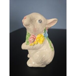 VTG‎ EASTER SPRING BUNNY FIGURINE HAND PAINTED GLAZED CERAMIC White With Flowers